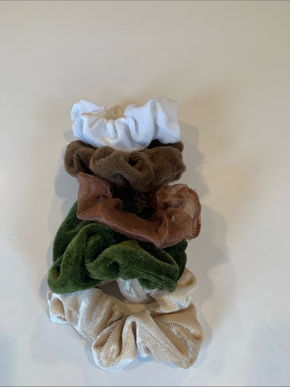 5 Piece Earth Tone Scrunchie Lot Sheer Mesh Organza Fleece and Velvet Hair Ties